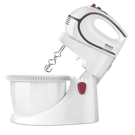 INALSA Stand Mixer cum Hand Mixer Promix 500 Watt Quick Burst Technology 2 5 L Self Rotation Bowl 5 Variable Speeds with Turbo Function Detachable Base Dough Beater Hooks White Grey