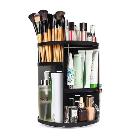 INOVERA LABEL Cosmetic Makeup Storage Holder Organizer Adjustable 360 Rotation Box Case 23L x 23B x 30H cm Black Plastic 