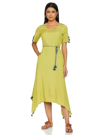 Indya Women s Green Dress Belted Tasselled High Low