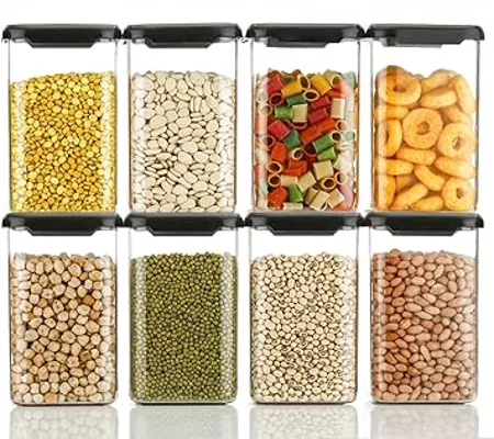 JIALTO Airtight Plastic Unbreakable Square Containers Kitchen Storage Container grocery items Container plastic boxes for storage Container Set 1100ml Pack Of 8 