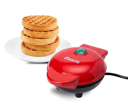 JIALTO Mini Waffle Maker 4 Inch 350 Watts Stainless Steel Non Stick Electric Iron Machine for Individual Belgian Waffle Pan Cakes Paninis or Other Snacks Tangy Red 