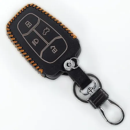 KBS Leather Smart Car Key Cover Case with Metal Hook Keychain Compatible for Tata Altroz Harrier Tigor BS6 Gravitas Nexon Black 