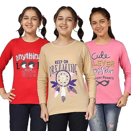 KYDA KIDS Girls Cotton Full Sleeve Printed T Shirt Pack of 3 