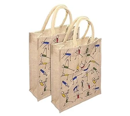 Karp Jute Yoga Print Eco Friendly Bag 14 5x5x12 inches Beige 2PK 14 5x5x12 YogaPrint Jute Bag Beige Pack of 2