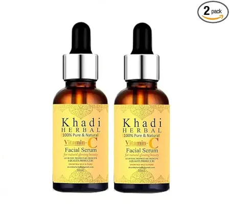 Khadi Herbal Vitamin C facial Serum for Natural Glowing Beauty Infused with Hyaluronic acid and Vitamin C 60 ml Pack of 2 