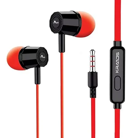 Kratos Thump Wired Earphones Powerful Bass HD Sound Quality Earphones Tangle Free Cable Comfortable in Ear Fit with 3 5 mm Jack Red