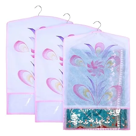 Kuber Industries Hanging Saree Cover Brush Painting Pattern Saree Cover Non Woven Saree Covers for Home Saree Cover with Small Transparent view Pack of 3 Pink