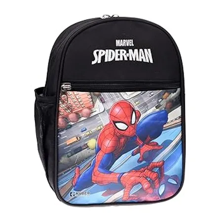 Kuber Industries Marvel Spider Man School Bag 2 Compartment Rexine School Bagpack School Bag for Kids School Bags for Girls with Zipper Closure Small Size Black 