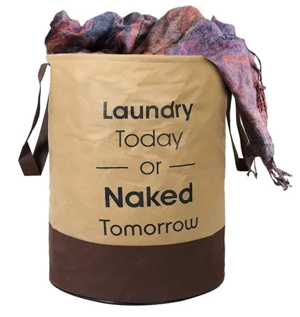 Kuber Industries Waterproof Round Non Wovan Laundry Bag Hamper Metalic Printed With Handles Foldable Bin 45 Liter Capicity Size 37 x 37 x 49 Pack of 1 Beige Brown KUBMART11450