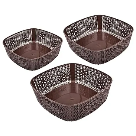Kuber Industries Woven Design Multipurpose Square Shape Basket Ideal for Friuts Vegetable Toys Small Medium Large Pack of 3 Brown 