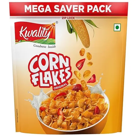 Kwality Corn Flakes Made with Golden Corns 99 Fat Free Natural Source of Vitamin Iron and Protein 1Kg Pack of 1 