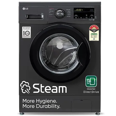 LG 8 Kg 5 Star Inverter Direct Drive Touch Panel Fully Automatic Front Load Washing Machine FHM1408BDM Steam for Hygiene In Built Heater 6 Motion DD Middle Black Free 1 Year Extended warranty