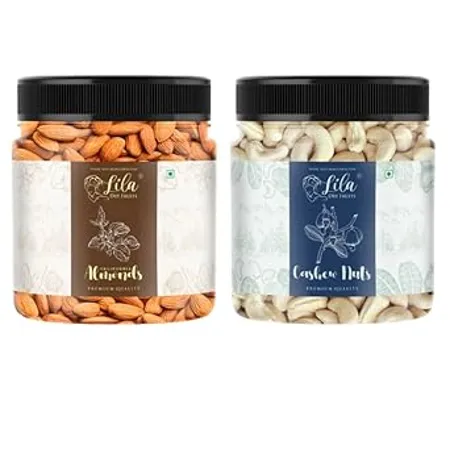 LILA DRY FRUITS 100 Natural Premium Dried Nutritious Delicious Cashew California Almonds Jar Pack 500gms each 1000gms total Premium Badam Giri Kaju High in Fiber Boost Immunity