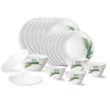 Larah by Borosil Fluted Crescent Dinner Set 28 Pieces Opal Glass Dinner Plates Bowls Crockery Set for Dinning White