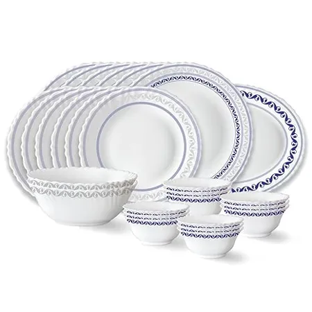 Larah by Borosil Fluted Jazzblue Dinner Set 27 Pieces Opal Glass Dinner Plates Bowls Crockery Set for Dinning White