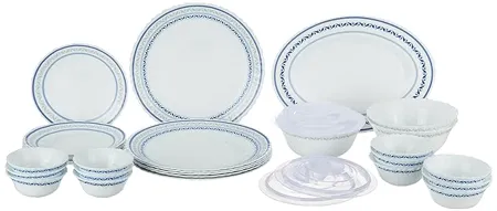 Larah by Borosil Fluted Jazzblue Dinner Set 31 Pieces Opal Glass Dinner Plates Bowls Crockery Set for Dinning White