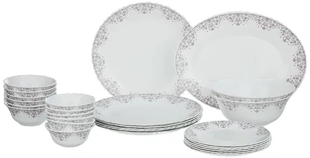 Larah by Borosil Fluted Lark Dinner Set 27 Pieces Opal Glass Dinner Plates Bowls Crockery Set for Dinning White