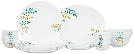 Larah by Borosil Fluted Niva Dinner Set 31 Pieces Opal Glass Dinner Plates Bowls Crockery Set for Dinning White