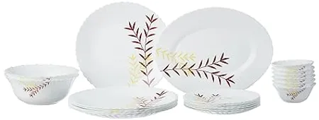 Larah by Borosil Fluted Oak Dinner Set 21 Pieces Opal Glass Dinner Plates Bowls Crockery Set for Dinning White