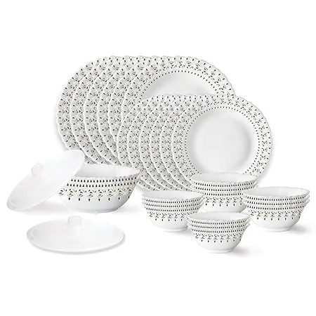 Larah by Borosil Fluted Ora Gold Dinner Set 28 Pieces Opal Glass Dinner Plates Bowls Crockery Set for Dinning White