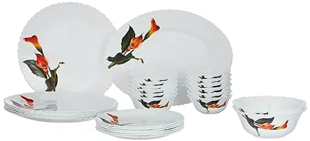 Larah by Borosil Fluted Stargazer Dinner Set 27 Pieces Opal Glass Dinner Plates Bowls Crockery Set for Dinning White