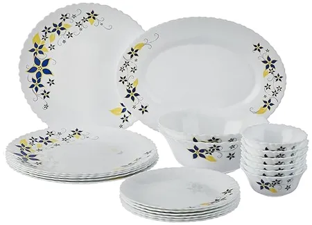 Larah by Borosil Fluted Viva Dinner Set 21 Pieces Opal Glass Dinner Plates Bowls Crockery Set for Dinning White
