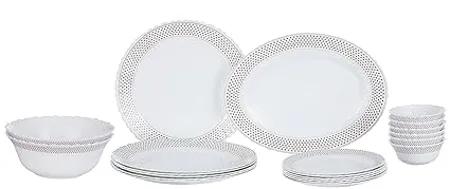 Larah by Borosil Fluted Waltz Dinner Set 21 Pieces Opal Glass Dinner Plates Bowls Crockery Set for Dinning White