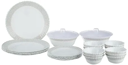 Larah by Borosil Fluted Waltz Dinner Set 28 Pieces Opal Glass Dinner Plates Bowls Crockery Set for Dinning White