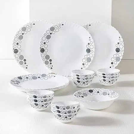 Larah by Borosil Luna Silk Series Opalware Dinner Set 19 Pieces for Family of 6 Microwave Dishwasher Safe Bone Ash Free Crockery Set for Dining Gifting Plates Bowls White