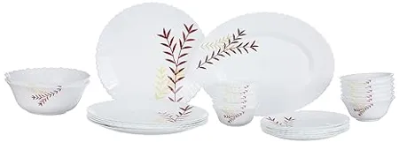 Larah by Borosil Oak Fluted Series Opalware Dinner Set 27 Pieces for Family of 6 Microwave Dishwasher Safe Bone Ash Free Crockery Set for Dining Gifting Plates Bowls White