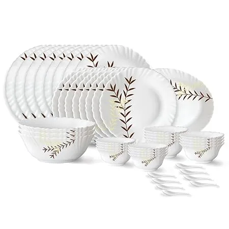 Larah by Borosil Oak Fluted Series Opalware Dinner Set 44 Pieces for Family of 8 Microwave Dishwasher Safe Bone Ash Free Crockery Set for Dining Gifting Plates Bowls White