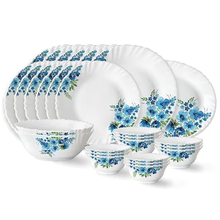 Larah by Borosil Pansy Fluted Series Opalware Dinner Set 27 Pieces for Family of 6 Microwave Dishwasher Safe Bone Ash Free Crockery Set for Dining Gifting Plates Bowls White