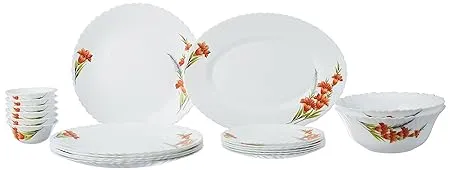 Larah by Borosil Red Iris Fluted Series Opalware Dinner Set 21 Pieces for Family of 6 Microwave Dishwasher Safe Bone Ash Free Crockery Set for Dining Gifting Plates Bowls White