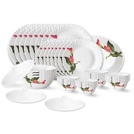 Larah by Borosil Stargazer Fluted Series Opalware Dinner Set 36 Pieces for Family of 8 Microwave Dishwasher Safe Bone Ash Free Crockery Set for Dining Gifting Plates Bowls White