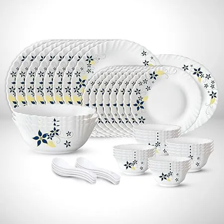 Larah by Borosil Viva Fluted Series Opalware Dinner Set 44 Pieces for Family of 8 Microwave Dishwasher Safe Bone Ash Free Crockery Set for Dining Gifting Plates Bowls White
