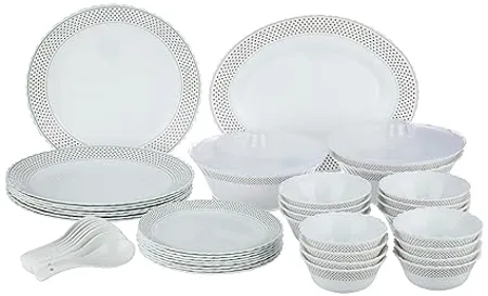 Larah by Borosil Waltz Fluted Series Opalware Dinner Set 44 Pieces for Family of 8 Microwave Dishwasher Safe Bone Ash Free Crockery Set for Dining Gifting Plates Bowls White