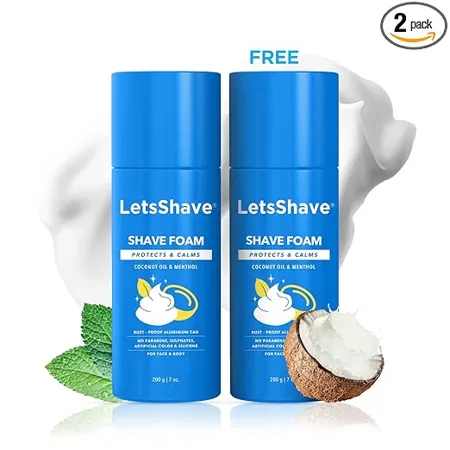 LetsShave Shave Foam Menthol for Men 200 gm x 2 Coconut Oil Enriched Shaving Foam with Skin Nourishing Agents for Sensitive Skin No artificial color and No alcohol 200 g Each Pack of 2