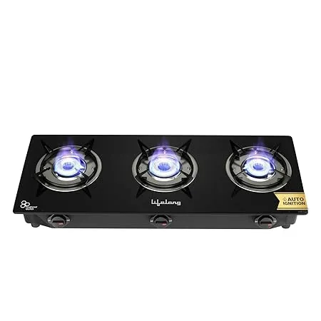 Lifelong LLGS803 Auto Ignition High Efficiency 3 Burner Gas Stove with Toughened Glass Top ISI Certified Automatic Ignition For LPG Use Only Black 