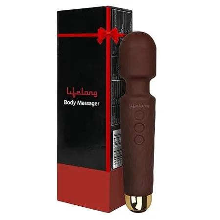 Lifelong LLM243 Rechargeable Wireless Body Massager Machine with 20 Vibration Modes 8 Speeds and Water Resistant Wand Massager for Body Pain Brown 