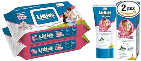 Little s Soft Cleansing Baby Wipes Lid 80 Wipes Pack of 2 Little s Organix Diaper Rash Cream 50 g Tube with Monocarton with Organic Ingredients Aloe Vera and Neem extract White