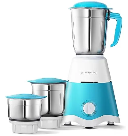 Longway Super Dlx 3 Jar 700 Watt Mixer Grinder White Blue Long Lasting Shock Proof ABS body Heavy Duty Motor Nano grinding technology 304 Grade Stainless Steel Blade Noise levels 80 90 DB