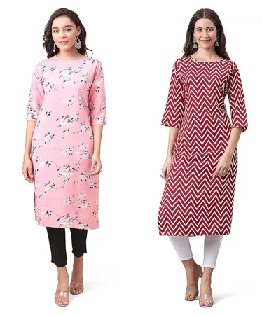 LookMark Women s Crepe Pink Yellow Color 3 4 Sleeve Straight Printed Kurta Kurti Combo Pack of 2