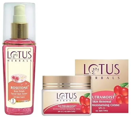 Lotus Herbals Nutramoist Skin Renewal Daily Moisturising Creme SPF 25 50g And Lotus Herbals Rosetone Rose Petals Facial Skin Toner 100ml