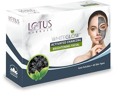 Lotus Herbals WhiteGlow Activated Charcoal Brightening 4 in 1 Facial Kit Tea Tree Oil Control Anti Pollution Salon Grade All Skin Types 188g