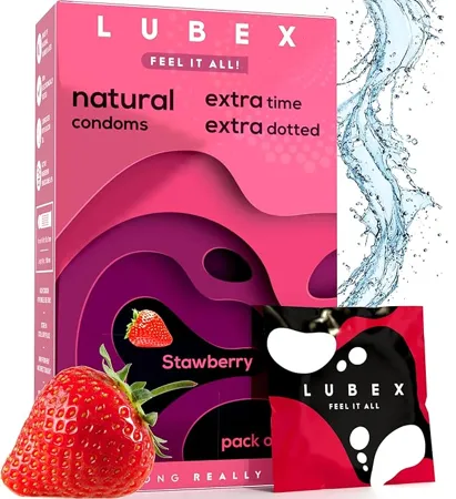 Lubex 6 in 1 Condom Extra Dotted with Condom Disposable Bags Extra Ribbed for Girls Extra Time for Men Strawberry Flavour Combo Pack of 12 Condoms