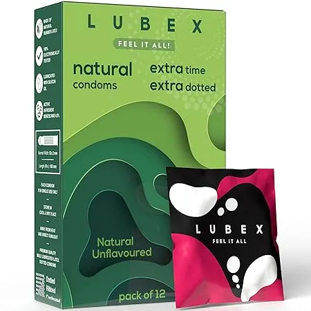 Lubex 6 in 1 Extra Time Condoms with Disposable Bags Ultra Thin Extra Dotted Natural Unflavoured 12 Condom Pack of 1 