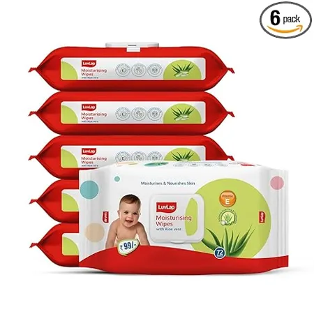 LuvLap Baby Moisturising Wipes with Aloe Vera 72 Wipes pack with lid Pack of 6 Combo