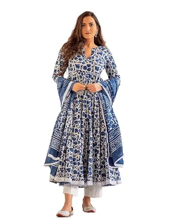 MEERA FAB Women s Cotton Printed Anarkali Kurta With Palazzo Dupatta Set