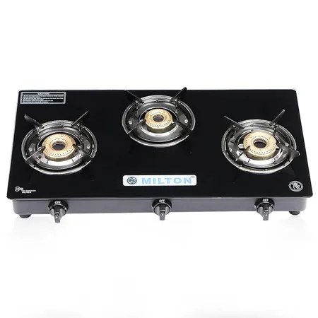 MILTON Premium Pro Toughened Glass Top Gas Stove 3 Burners I Auto Ignition I High Powered Brass Burner I ISI Certified I 1 Year Warranty