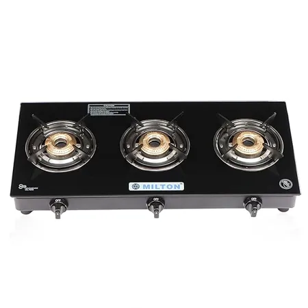 MILTON Smart Toughened Glass Top Gas Stove 3 Burners I Auto Ignition I High Powered Brass Burner I ISI Certified I 1 Year Warranty